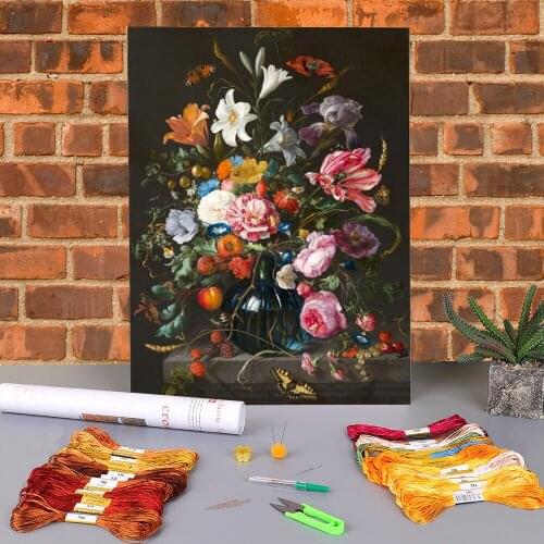 Europe Vintage Flowers Glass Vase Printed Fabric 11CT Cross-Stitch Patterns Embroidery DMC Threads Hobby Handmade Decor