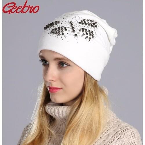 Geebro 2021 Winter Pearls Butterfly Pattern Beanie Hat For Women Warm Velvet Hats Cat Ear Beanies Hats Ladies Skullcap Bonnet