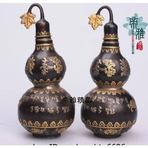 China Old Bronze Copper 24K Gold Gild Auspicious Silver Bottle Gourd Statue Pair