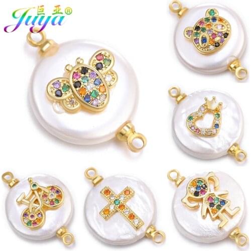 Juya DIY Making Earrings Bracelets Connectors Supplies Micro Pave Zircon Shell Charms Pearls Connectors Accessories Wholesale