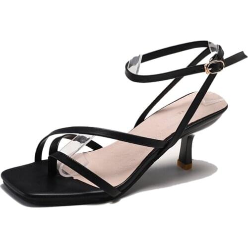 Summer Fashion Pinch Narrow Band Women Gladiator Sandal Ladies Square Toe Flip Flops Ankle Buckle Strap Stiletto Heels slippers