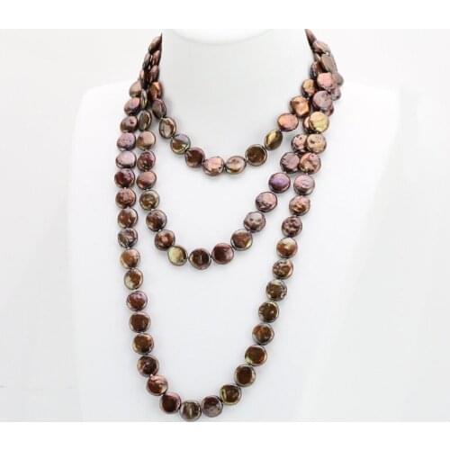 Unique Pearls jewellery Store,11-12mm Brown Coin Cultured Freshwater Pearl Knotted Endless Opera Knotted Necklace 50inch