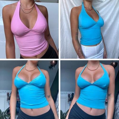 Women’s Fashion Solid Color Vest Sexy V-neck Bandage Halter Exposed Navel Camisole For Daily Wear Dating Shopping