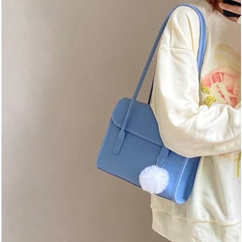Cute Pompon INS Korean Retro Briefcase Satchels Handbags Casual All-match Shoulder Armpit Bag PU Leather Female 2021 New Summer
