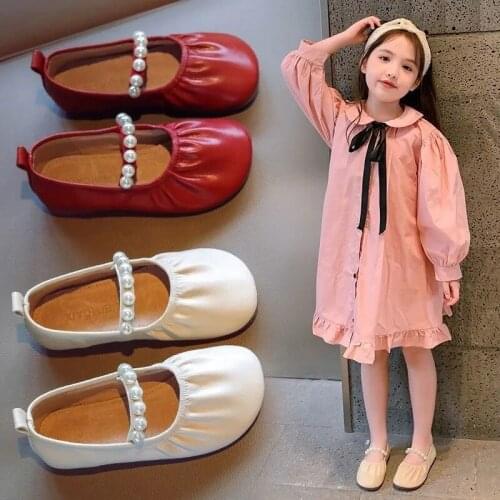 2021 New Autumn Fashion Children Casual Shoes Toddler Girls Pearls Slip-On Shoes Princess Elegant Flats Kids Soft Leather Shoes