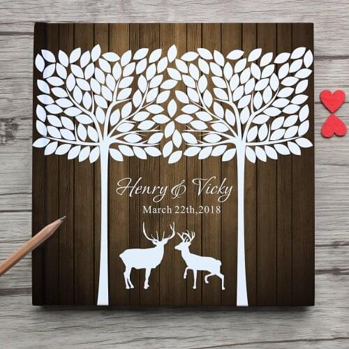 Personalized bride and groom name and date white wedding guest book,customized wedding alternative book photo album with deers