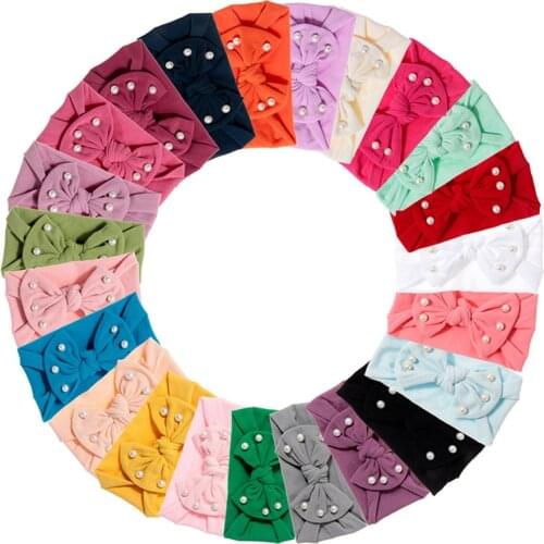 Fashion Pearls Bowknot Elastic Wide Hairband Solid Color Handmade Bows Baby Girls Headband Newborn Headwear Kids Birthday Gifts