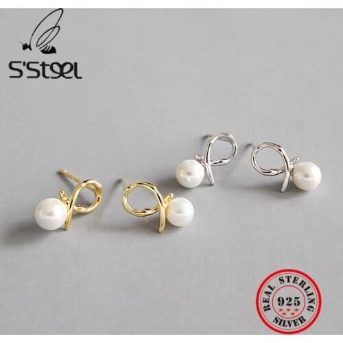 SSTEEL Freshwater Pearl Earrings For Women 925 Sterling Silver Gold Stud Earring Pendientes De Perlas De Agua Dulce Y Plata 925