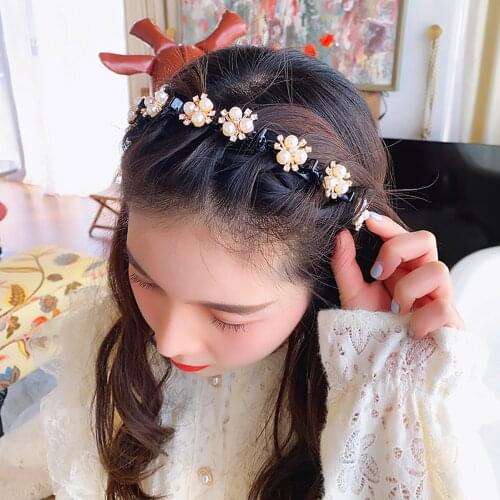 Rhinestone Pearl Headbands Double Bangs Hairstyle Hairpin Korean Braided Double Layer Hair Hoop Twist Plait Headbands With Clips
