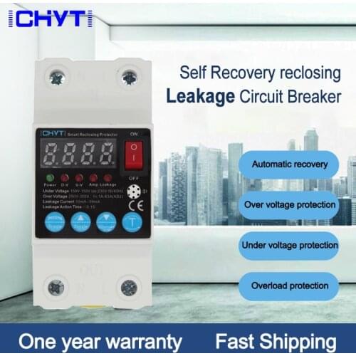 Over under Voltage Protector Self Recovery reclosing Earth Leakage Circuit Breaker 63A Current Ajustable Digital Display RCBO