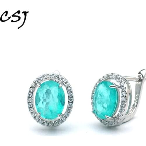 CSJ Elegant Created Paraiba Tourmaline Earrings Solid 925 Sterling Silver Gemstone for Women Fine Jewelry Party Wedding Gift Box
