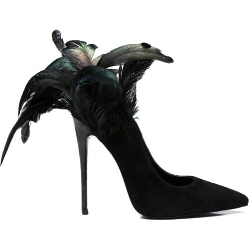 Moraima Snc Beautiful Feather Decorations High Heel Shoes Woman Pointed Toe Thin Heels Pumps Sexy Slip-on Stiletto Heels Black