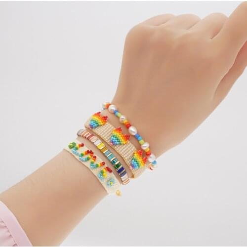 Fine Ethnic Wild Women Bracelet Natural Freshwater Pearl Miyuki Rice Beads Bangle Woven Rainbow Love Beaded Bracelet For Woman