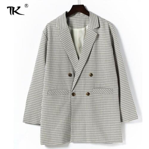 Stock Clearance Check Womens Casual Blazer Office Plaid Notched Blazers Female Double Breasted 2021 Autumn Elegant Coats Girls