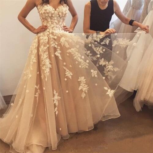 Champagne Sweetheart Applique Lace Flower Tulle Prom Dresses Long vestido de festa Evening Party Dress Prom Kleider Ball Gown