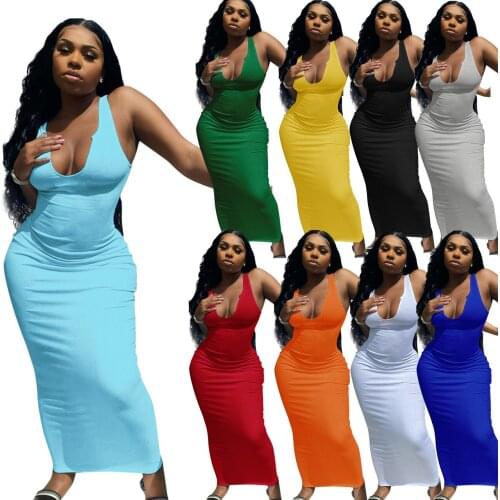 Solid Color Sexy Spaghetti Strap Sleeveless Bodycon Package Hip Maxi Dresses for Women 2021 Summer Fashion Streetstyle Clothes