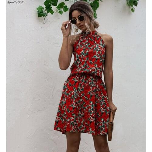 BornToGirl Sundress Woman Chiffon Summer Dress 2021 Womens Sleeveless Yellow Navy Blue Red Dress Floral