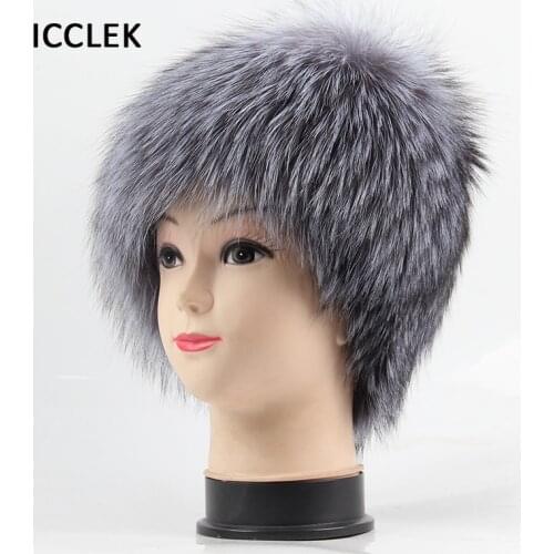Winter 100% Natural Real Raccoon Fur Hat With Good Elastic Russian Real Fox Fur Ear Flaps Hat Women Knitted Fur Cap Wholesale