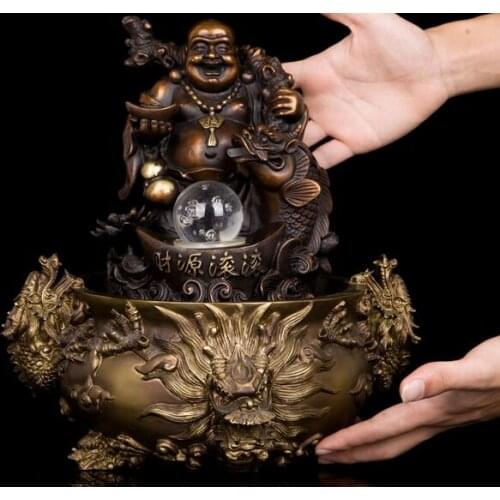 13" Brass Maitreya Buddha Wealth RuYi Pearl Bronze Dragon Play Bead Pot Bowl