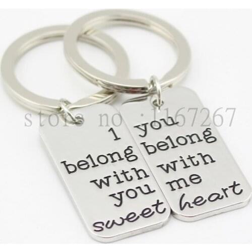 2015 new arrive"I Belong With You, You Belong With Me " Hand Stamped Couples Key Chain &necklace Set of 2