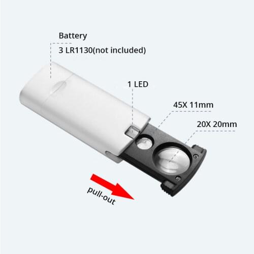 Mini 20X 45X Handheld Magnifying glass with LED light Pull-out Type high magnification jewelry jade Magnifier