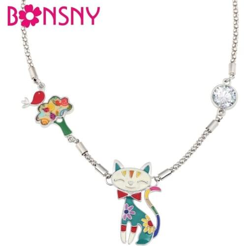 Bonsny Enamel Alloy Floral Smile Cat Tree Bird Rhinestone Necklace Pendant Fashion Cartoon Jewelry For Women Girls Teens Gift
