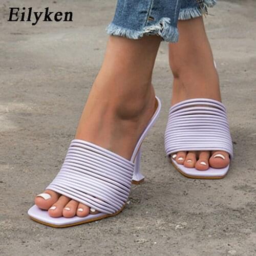 Eilyken Elegant Womens Dress Shoes Fashion Outside Dames Slippers Hollow Bar Shape PU Leather Sandals Femmes Spike Heels Size 42
