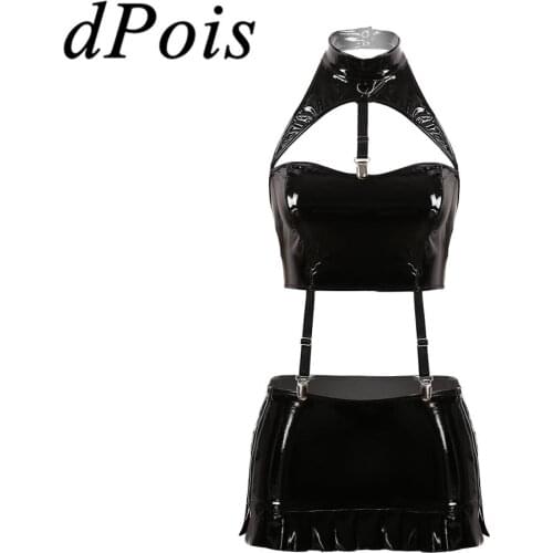 2Pcs Sexy Women Wet Look Patent Leather Lingerie Halter Neck Sleeveless Front Cutout Crop Top with Mini Skirt Pole Dance Sets