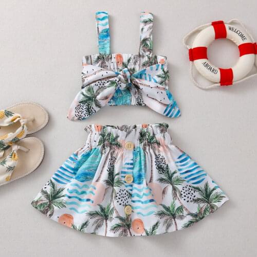 Cute Summer Girls Clothes Sets Kids Fresh Plant Printing Knotted Suspender Tops Button A-line Midi Skirt 2pcs Outfits Suits