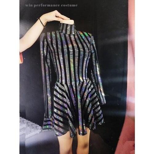 Multi-color Full Sequins Short Dress Birthday Celebrate Long Sleeve Black Outfit Prom Women Dancer Show Evening Dress