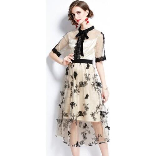 Summer Women Embroidery Butterflies Mesh Dress Female Elegant Bow Neck Dot Print Lace Patchwork Party Midi Dress k6512