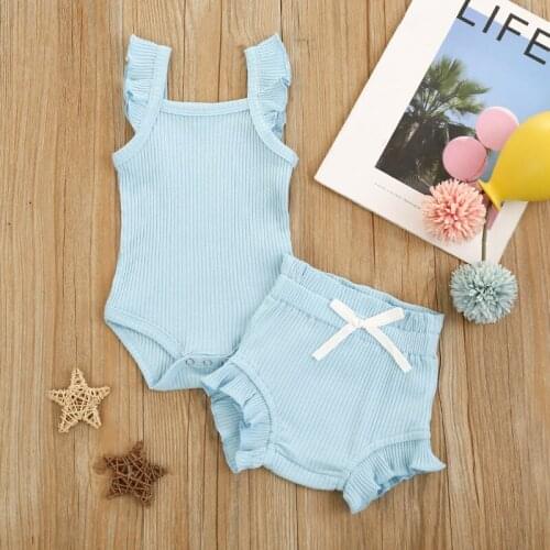 Summer Baby Girl Tops, Lace Up Pants Suit, Square Neck Short Ruffle Sleeve Bodysuit, Loose Flouncing Summer Shorts