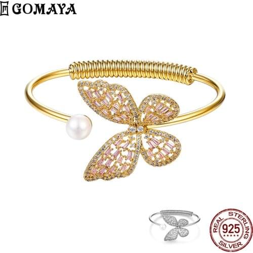 GOMAYA Copper Bangle For Women Butterfly Pearl Romantic Open Bangle Two Color Popular Girl Jewelry Give Girlfriend Gift Hot Sale