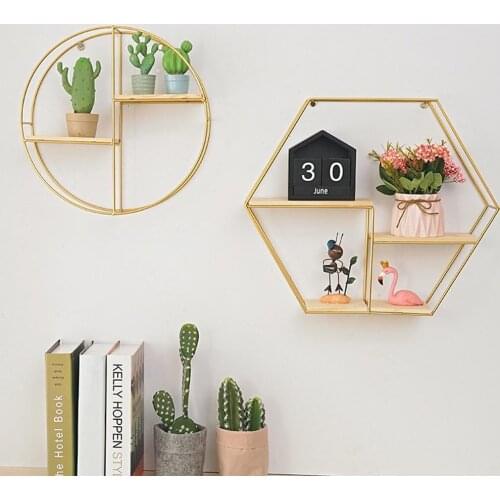 Metal Wooden Storage Rack Wall Hanging Book Figurines Flower Pot Display Shelf Geometric wrought iron construction. Solid wood