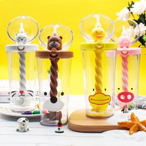 Kawaii Cartoon Stirring Water Bottles With Straw Plastic Kettle Straw Bar Shake Cup Fruit with Juice Mix Portable Stirring 500ml