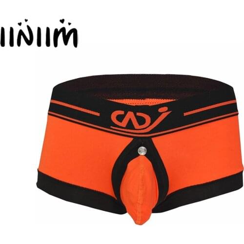 Mens Exotic Low Rise Underpants Elastic Waistband Front Pouch with Buttons Glossy Rayon Lingerie Sexy Cut Out Boxers Underwear
