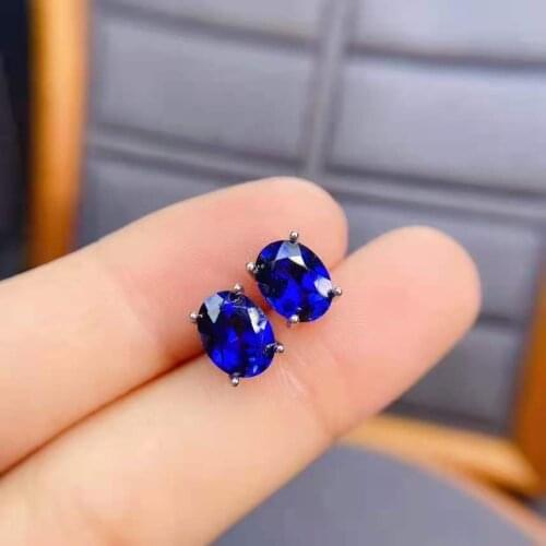 Natural Sapphire Simple Ellipse Ear Studs S925 Pure Silver Fine Fashion Charming Jewelry For Women Free Shipping MeibaPJFS