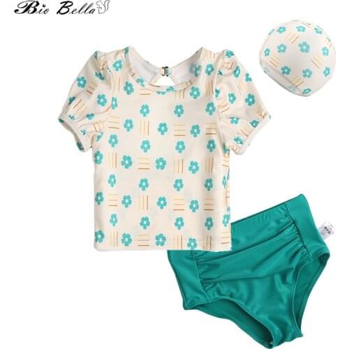 2021 New Toddler Kid Baby Girl Flower Print Swimwear+Swimming Trunks +Cap Two-piece Set Summer Childrens Swimsuit