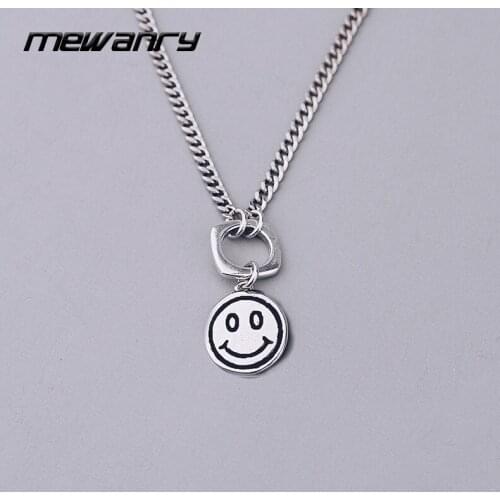 Mewanry 925 Sterling Silver Necklace for Women Trend Vintage Punk Party Cute Smiley Pendant Clavicle Chain Jewelry Birthday Gift