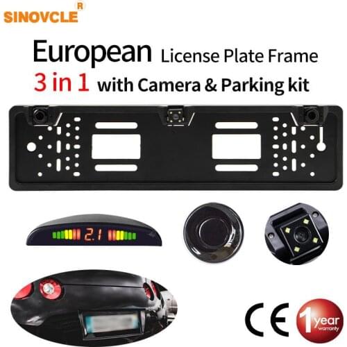 Sinovcle Car Rear View Camera European License Car Parking Sensor Plate Frame Waterproof Night Vision Reverse Backup Camera