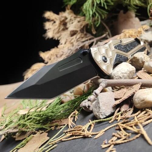 Folding Knife With Aluminum Handle, Black Titanium 440C Sharp Blade Multifunctional Camping Self-Defense Adventure Pocket Knifes