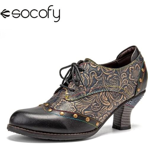 SOCOFY Women Retro Style Pumps Splicing Embossed Rivet Decor Leather Comfy Werable Round Toe Lace Up Casual Heels Pumps Shoes