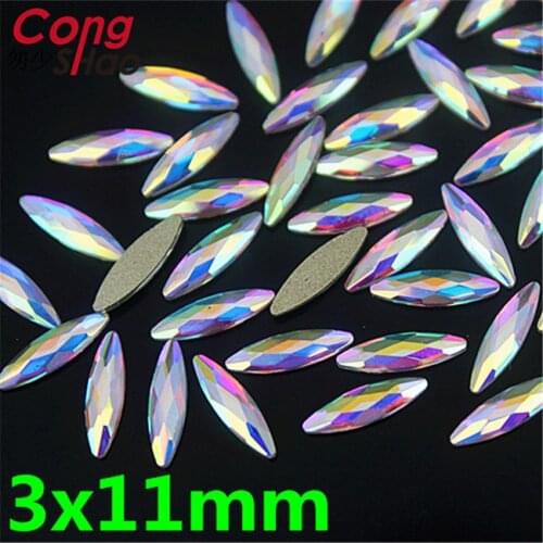 Cong Shao 100pcs 3x11mm Glass Rhinestones trim For Nails Art decorations DIY Glitter costume Flat Back stones and crystals CS15C