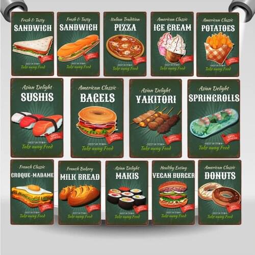 Vintage Fast Food Metal Tin Sign Retro American Classic Donuts Burger Potatoes Wall Poster Kitchen Pub Restaurant Decor WY115