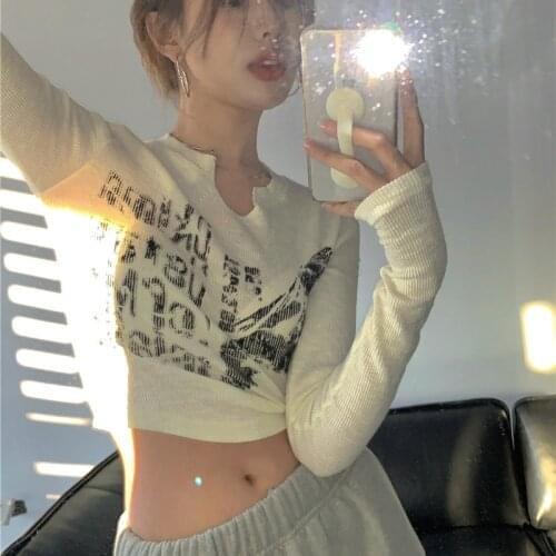 Vintage Letter Print Long Sleeve Crop Top Women Sexy Navel Slim Knitted T Shirt Korean Style Chic Aesthetic Streetwear