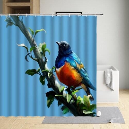 Animals Birds Shower Curtain Flowers Plant Bathtub Decor Bathroom Curtains Colorful Background Home Washable Fabric With Hooks