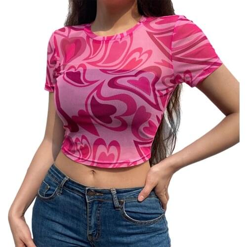 Womens Sheer Mesh T-Shirts, Short Sleeve Crew Neck Heart Print Slim Fit Crop Tops