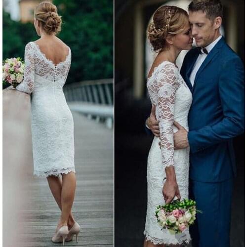 2020 Cheap Short A Line Wedding Dresses V Neck Lace Appliques Beaded Sexy Button Back Knee Length Arabic Plus Size Formal Bridal