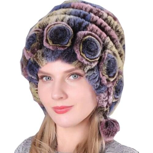 2021 Winter Lady Warm Knit Genuine Fur Caps Russian Outdoor Fur Hats Women Flowers Striped Natural Rex Rabbit Fur Hats