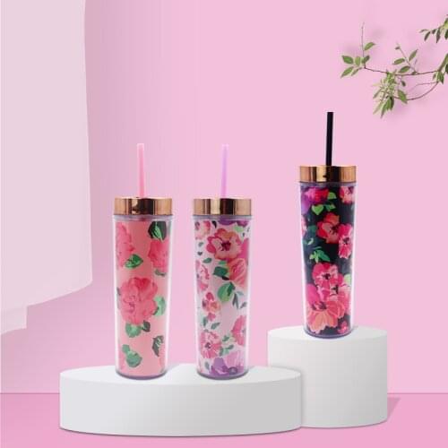 450ML Flower Straw Cup Portable Double-layer Acrylic Straw Cup With Lid Coffee Tea Juice Water Bottle Plastic Tumbler